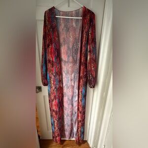 Red Animal Print Long Open-Front Swim Coverup